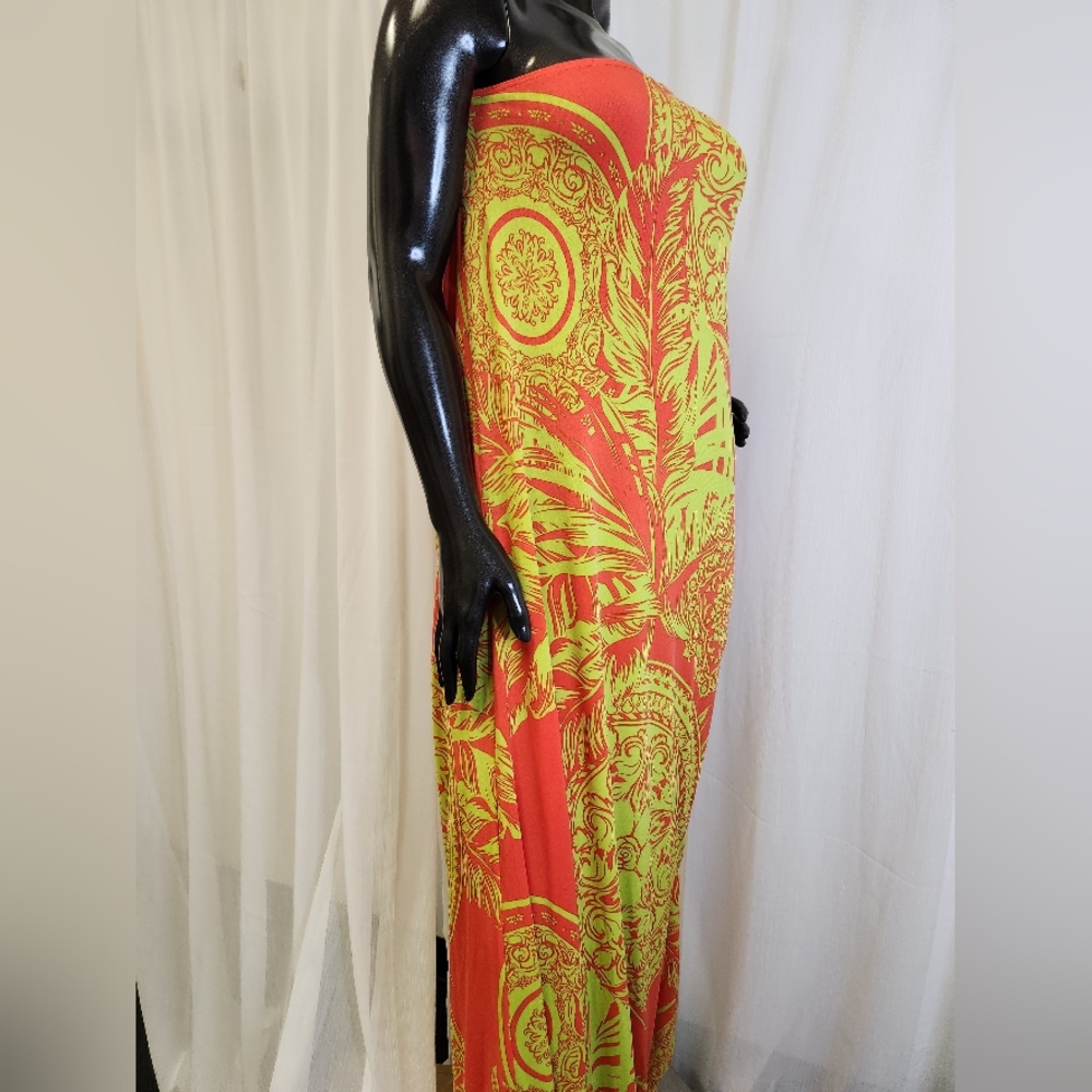 Bold Leaf Kaftan Vibrant Orange and Yellow. Mannequin Worn Only.